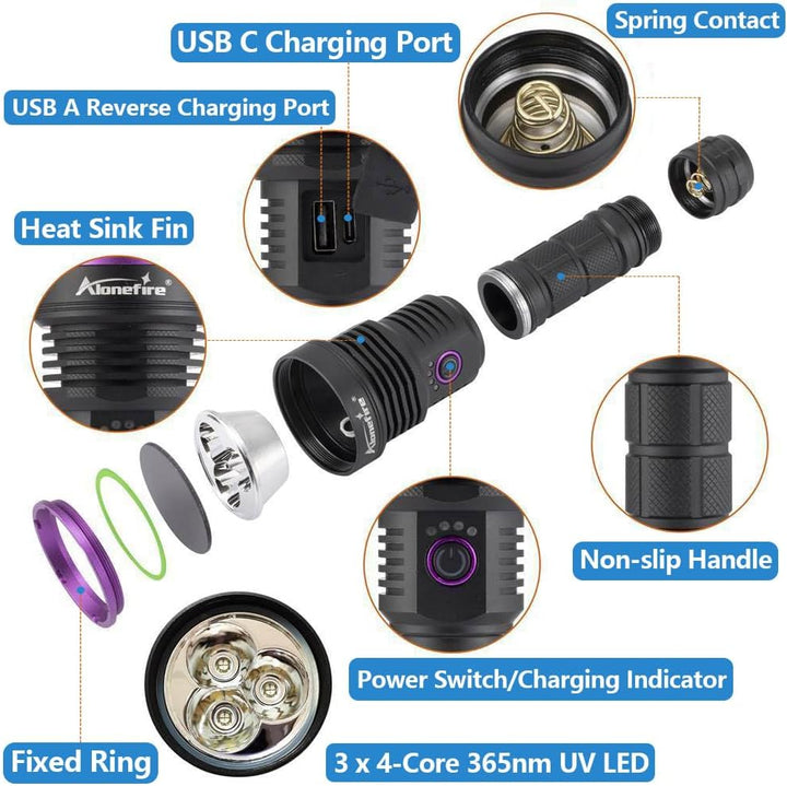 Alonefire SV43 36W 365nm UV Taschenlampe USB Aufladbar Ultraviolett Schwarzlicht Haustierurin Detekt