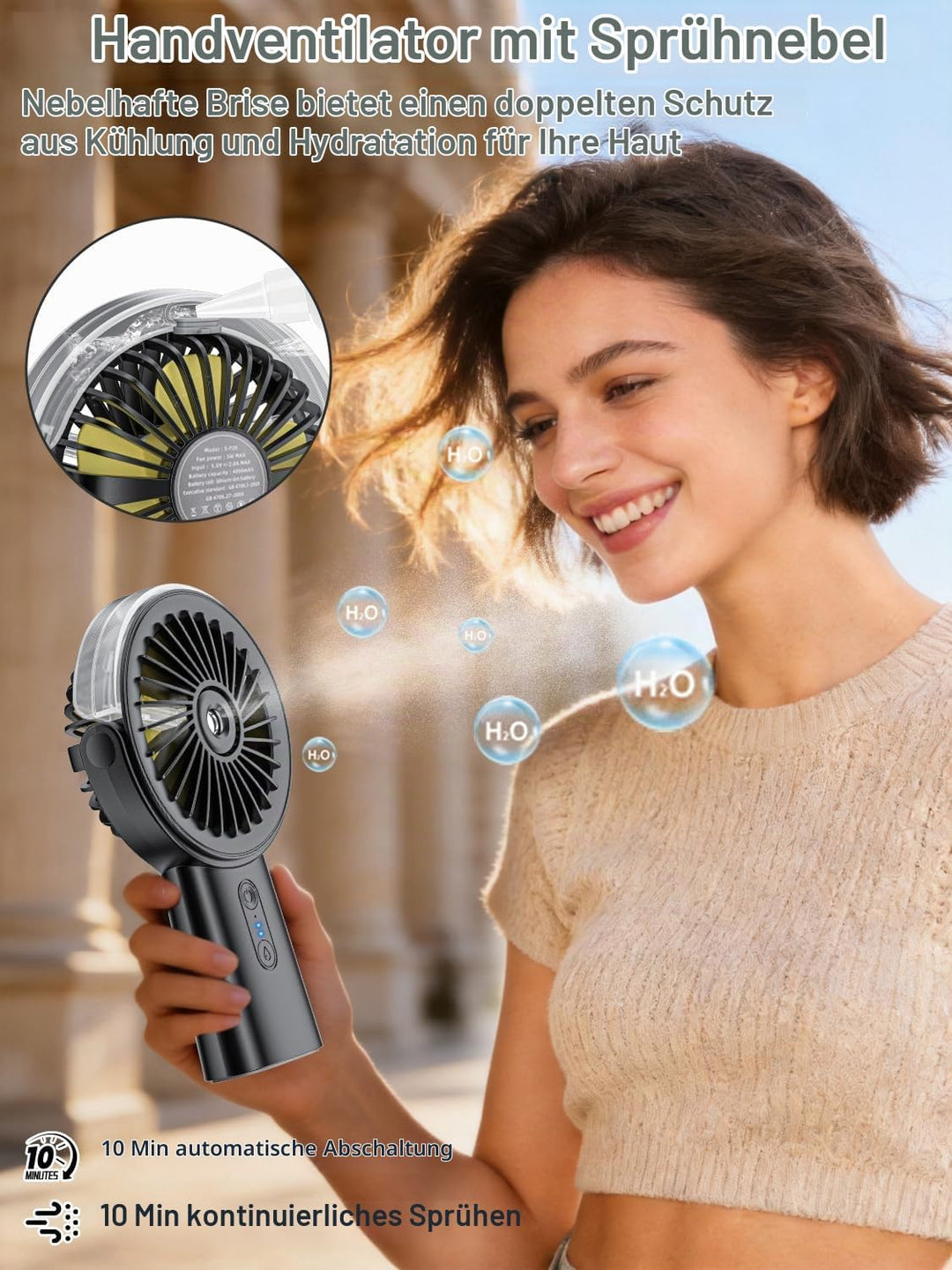 Handventilator Akku Aufladbar mit Wasserkühlung, Tragbarer Mini Ventilator | 6000mAh Ventilatoren Le