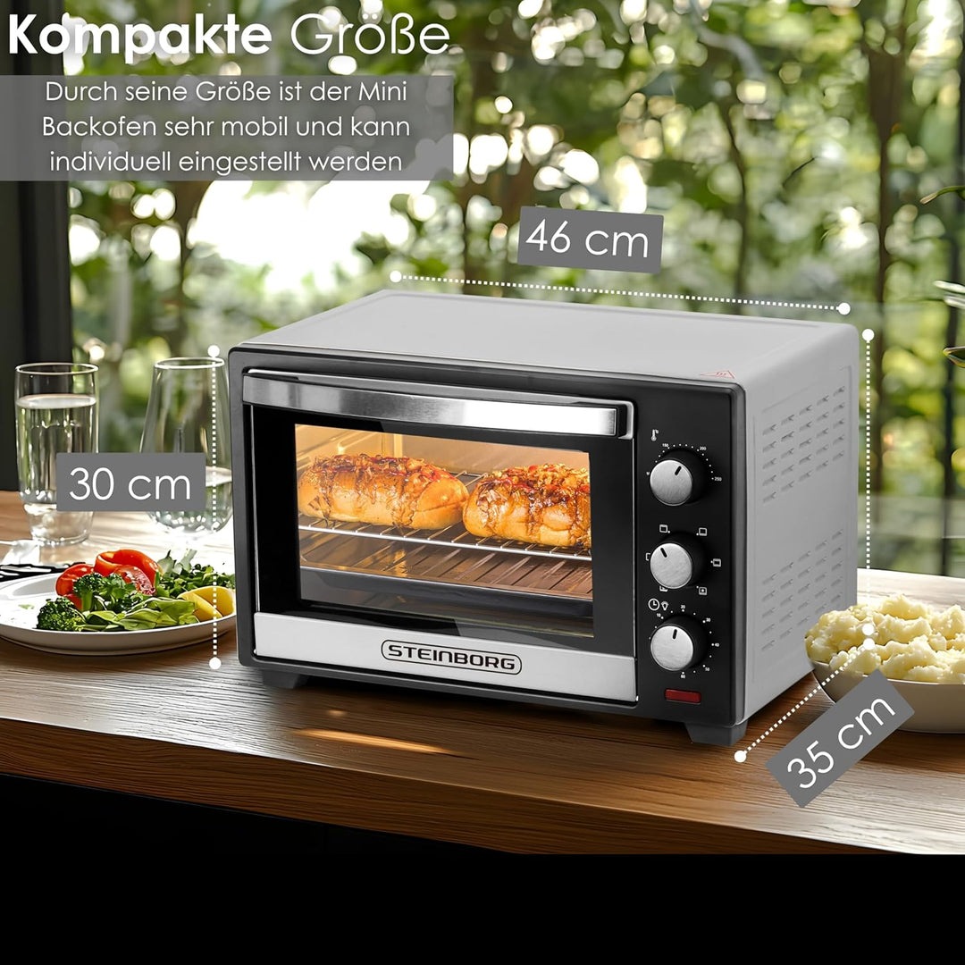 Steinborg® Mini Backofen 25 Liter Miniofen Elektro – Pizzaofen Tischbackofen 3-in-1 mit Ober-/Unterh