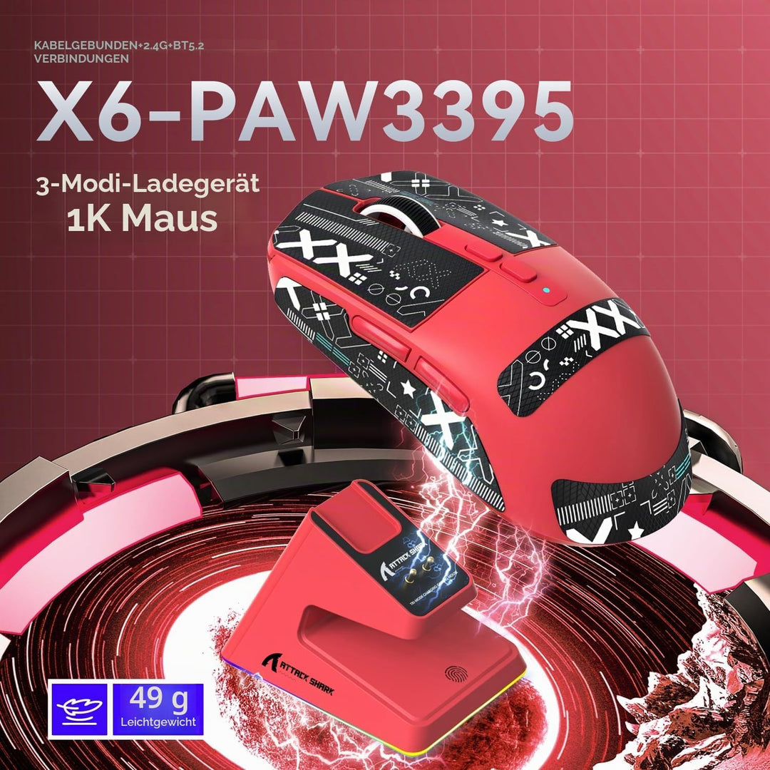 ATTACK SHARK X6 49g Superlight Mouse with Magnetic Charging Dock, PixArt PAW3395 Gaming Sensor, BT/2