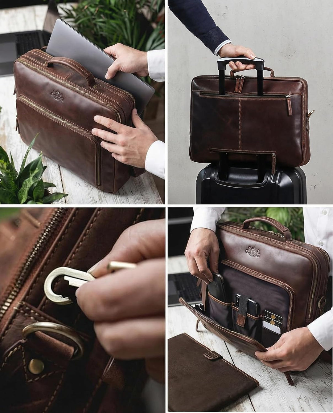 SID & VAIN grosse Laptoptasche mit Frontfach echt Leder - 15 bis 17 Zoll Laptop Business-Tasche SIMO