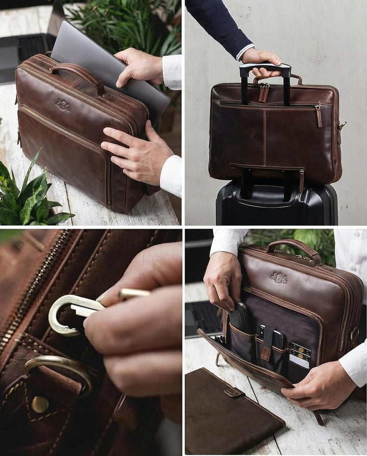 SID & VAIN grosse Laptoptasche mit Frontfach echt Leder - 15 bis 17 Zoll Laptop Business-Tasche SIMO
