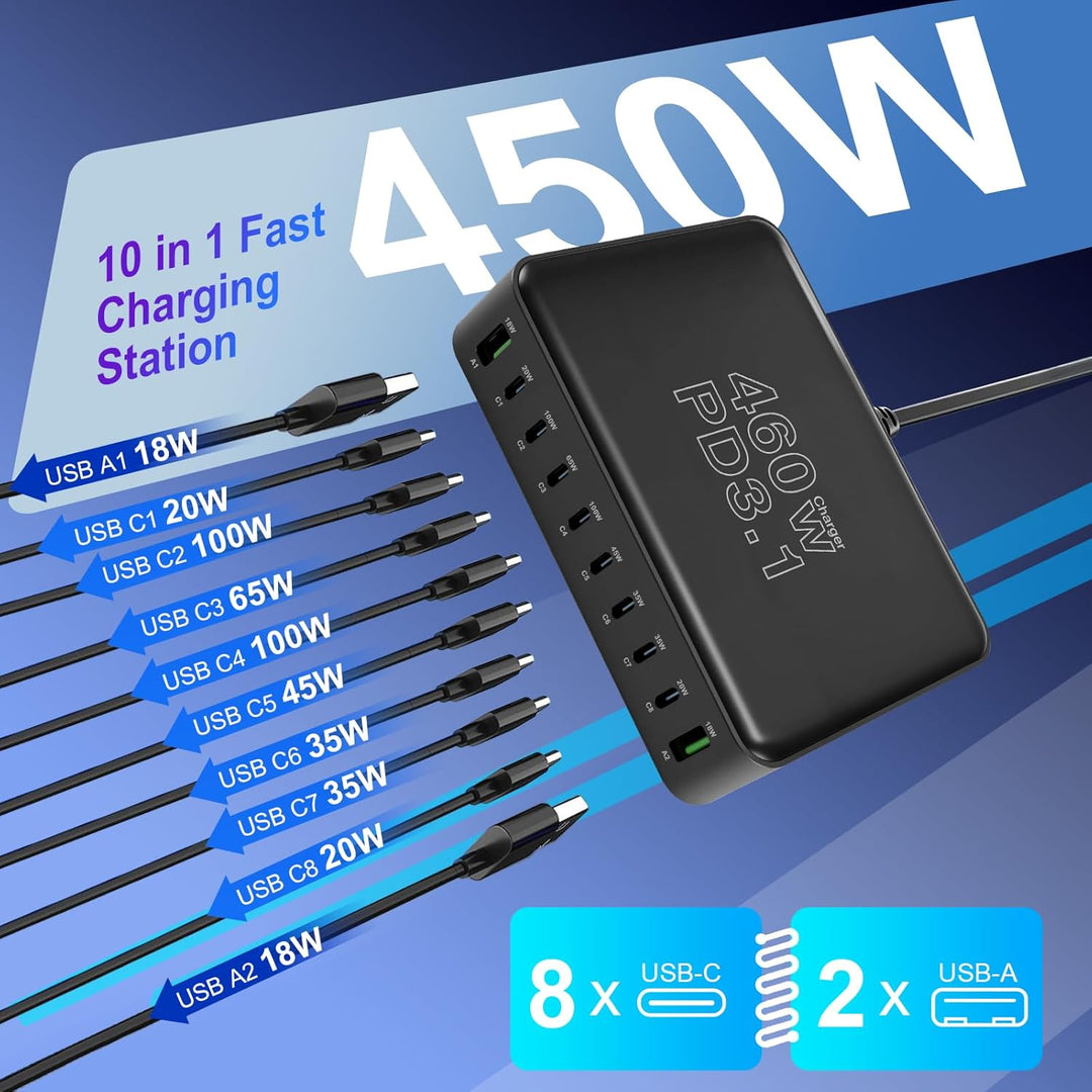 460W USB C Ladegerät Mehrfach, 10-Port Laptop Schnellladegerät Ladestation PD 3.1 100W/45W/35W/20W (