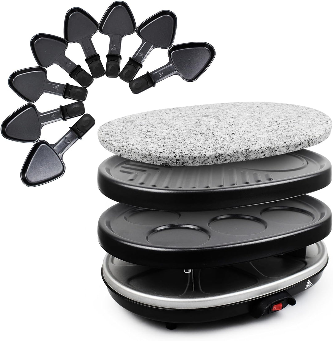 Todeco - 3 in 1 Raclette-Set, Grill mit Naturstein - Material: 304 Edelstahl - Strom: 900 W - Schwar