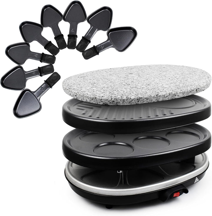 Todeco - 3 in 1 Raclette-Set, Grill mit Naturstein - Material: 304 Edelstahl - Strom: 900 W - Schwar