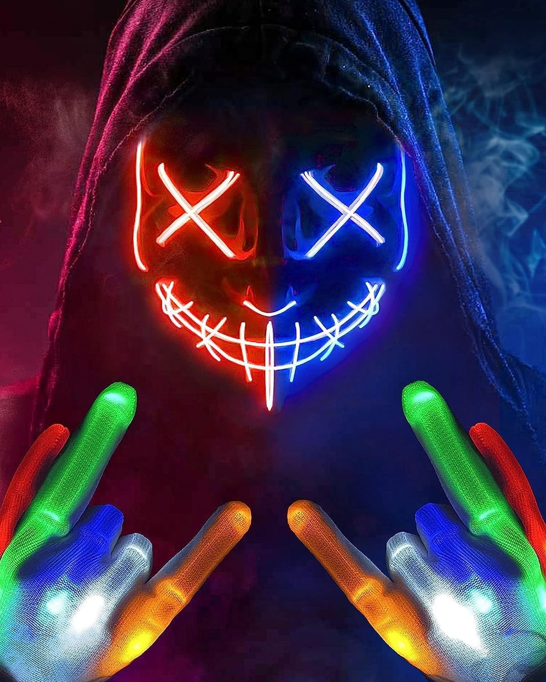 Colplay Halloween Maske LED Maske Leuchtende Handschuhe-Set, Mehrere Leuchtmodi The Maske Kostüm, Ha