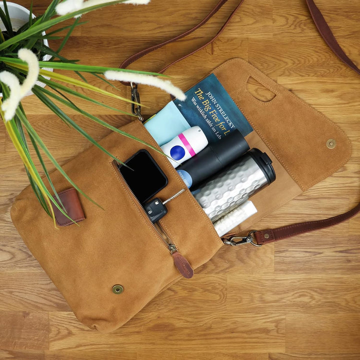 LECONI Umhängetasche für Damen Crossbag Veloursleder Echtleder Natur Damentasche Schultertasche Lede