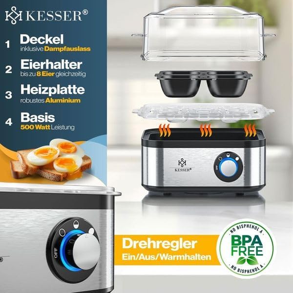 KESSER® Eierkocher für 1 bis 8 Eier elektrisch aus Edelstahl 500W & Warmhaltefunktion | LED-Drehscha