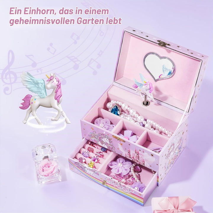 ProCase Kinder Musik Box Schmuckkästchen mit Spieluhr Einhorn &amp; Konservierte Blumen, Schmuckschatull