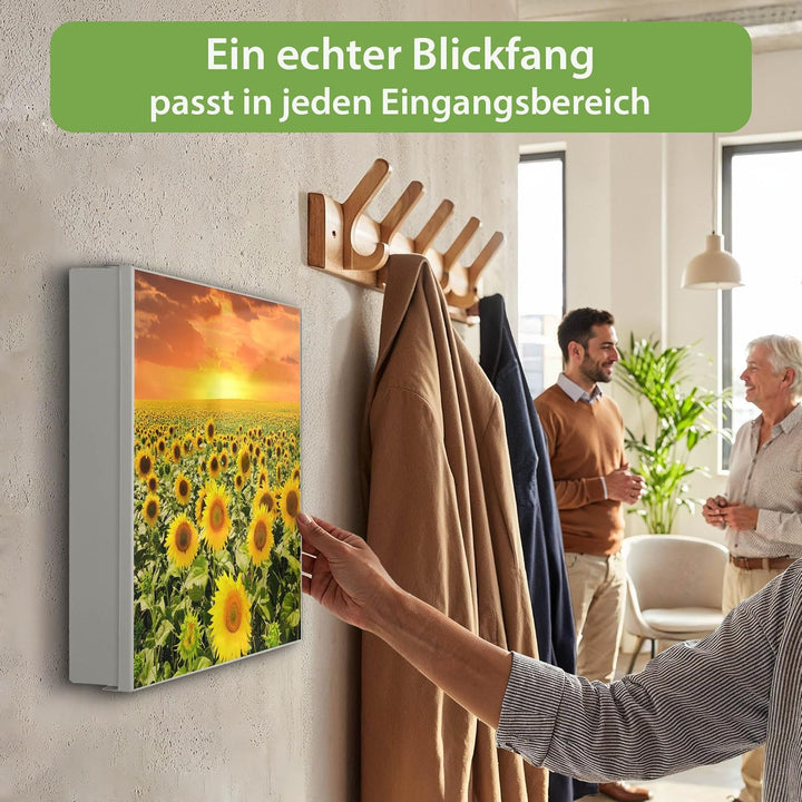 banjado® Grosser Schlüsselkasten Glas/Schlüsselbox 30cm x 30cm mit 50 Haken - Motiv Sonnenblumenmeer