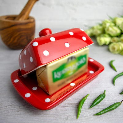 City to Cottage - Butterdose Keramik | Rot und Weiss | Polka Dots | Handgemacht | 250 Gramm Keramik