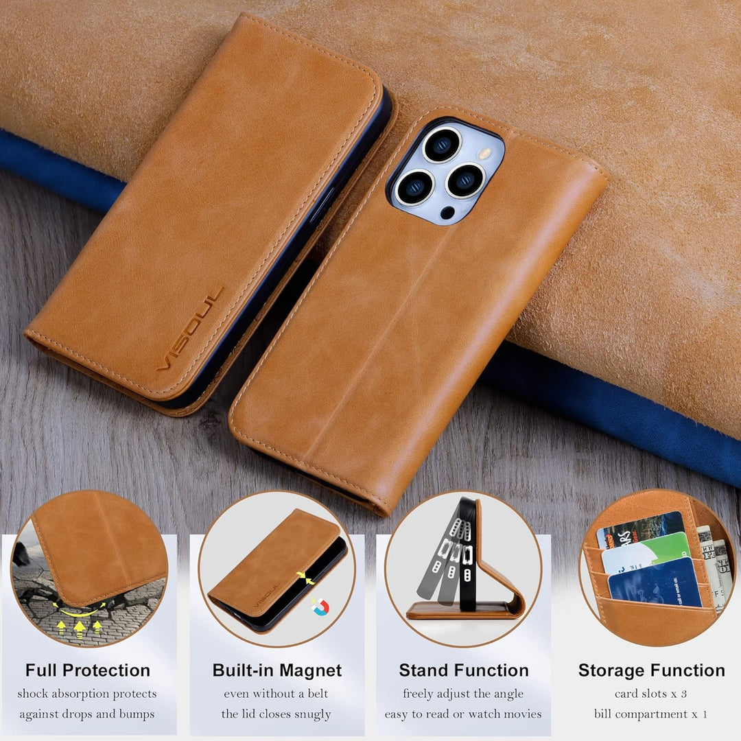 VISOUL Hülle für iPhone 14 Pro Handyhülle [Echtleder] [3 Kartenfächer] [Magnet] [Standfunktion], TPU