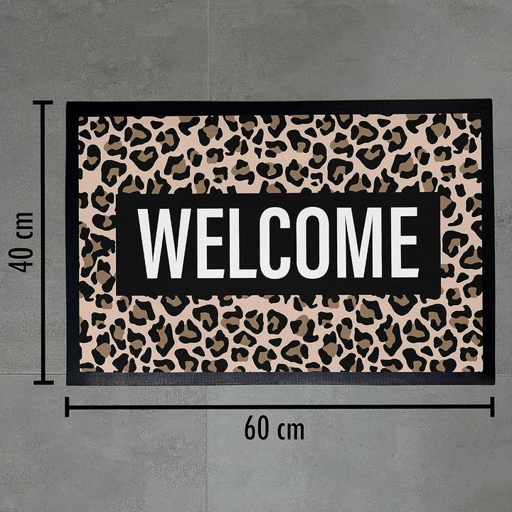 Trendation - Welcome Fussmatte Leopard Muster Willkommen Geschenk Aussen Innenbereich 60x40 cm Schmu