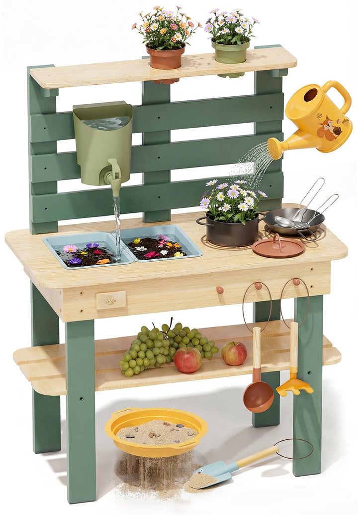 Lehoo Castle Holz Outdoor Matschküche für Kinder, Spielküche mit Echtem Waschbecken Küchenzubehör, G