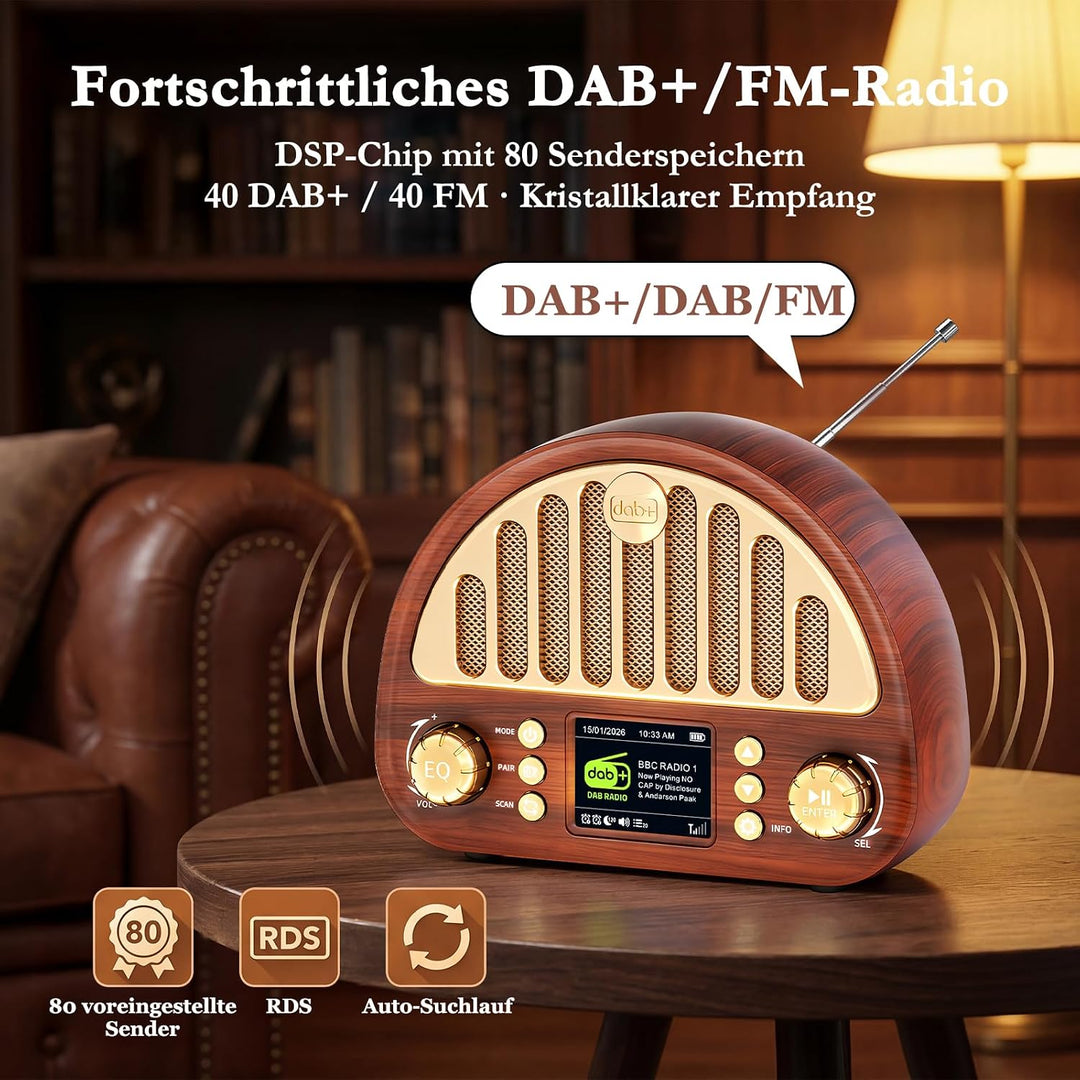 ROCAM DAB+/UKW Radio, Retro Radio mit Bluetooth 5.0, 8W Full Sound Lautsprecher, 3000mAh Akku, 2" Fa