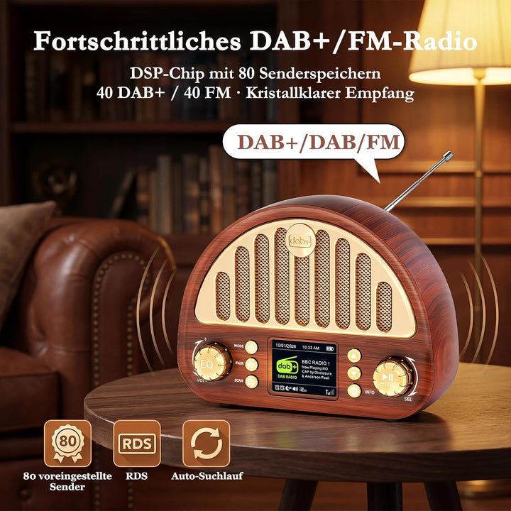 ROCAM DAB+/UKW Radio, Retro Radio mit Bluetooth 5.0, 8W Full Sound Lautsprecher, 3000mAh Akku, 2" Fa