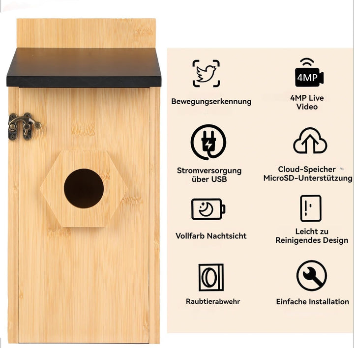 Vogelhaus mit Kamera, 4MP HD Nistkasten mit Kamera wetterfest, 2,4G WiFi & App Benachrichtigung, Beo
