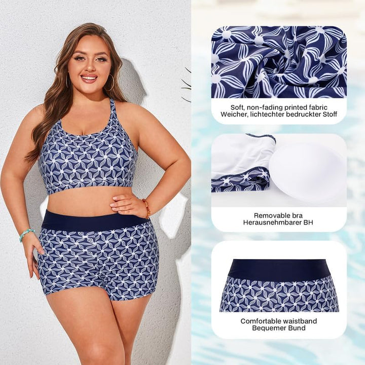 Hanna Nikole Tankini Damen Sportlich Grosse Grössen Dreiteilig Tank Aushöhlen Oberteil mit Boyshorts