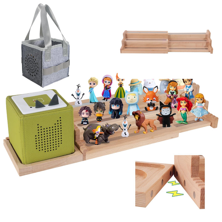 Expendable Wooden Tonie Shelf with Storage Steps - Extendable 3-Slot Organiser for Toniebox 1&2 and