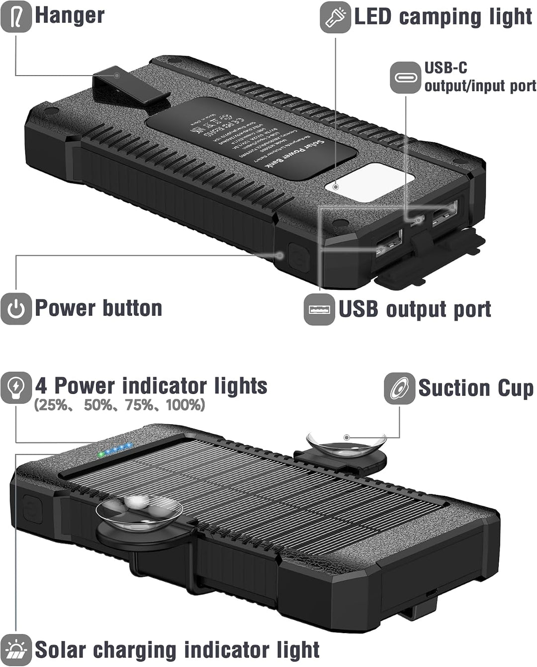 Solar Powerbank 26800 mAh mit Saugnapfhalterung, Powerbank Externe Akkus 3 USB Anschlüsse mit Tasche