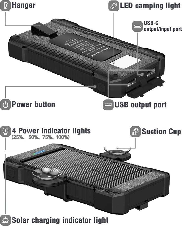 Solar Powerbank 26800 mAh mit Saugnapfhalterung, Powerbank Externe Akkus 3 USB Anschlüsse mit Tasche