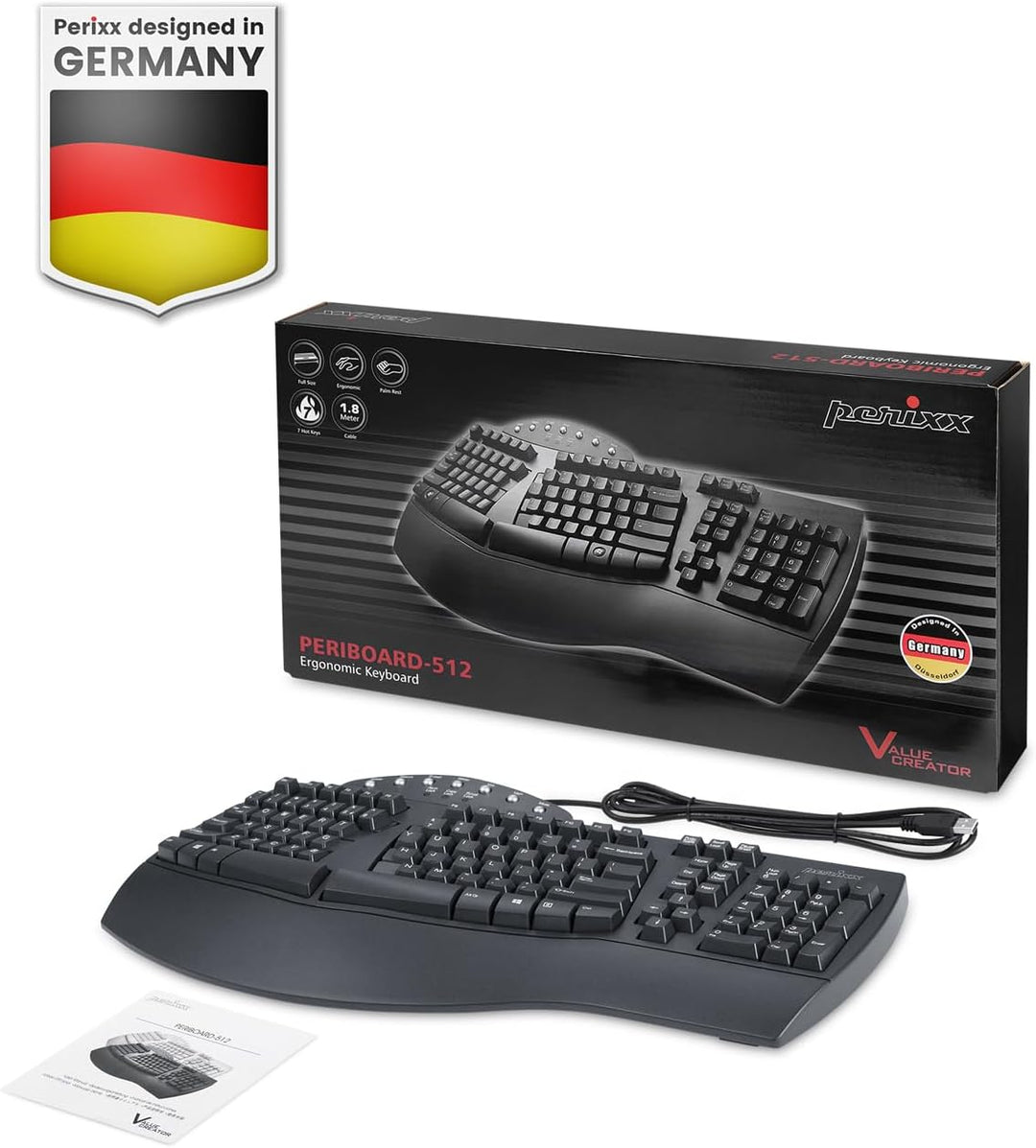 Perixx PERIBOARD 512 Ergonomische Tastatur USB QWERTY US English Layout, Schwarz Kabelgebunden, Kabe