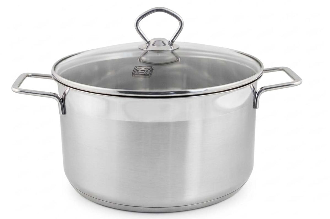 Grosser Edelstahl Kochtopf ∅ 24 cm 6,1 L mit Glasdeckel Induktion integrierte Messskala