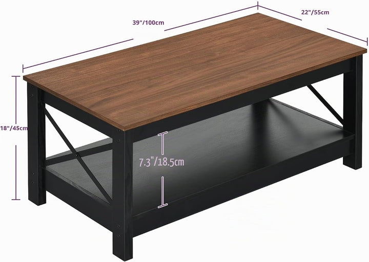 YITAHOME Couchtisch, Wohnzimmertisch, 2-stöckiger Dicker Holz Rechteckiger Couchtisch, X-Form Metal