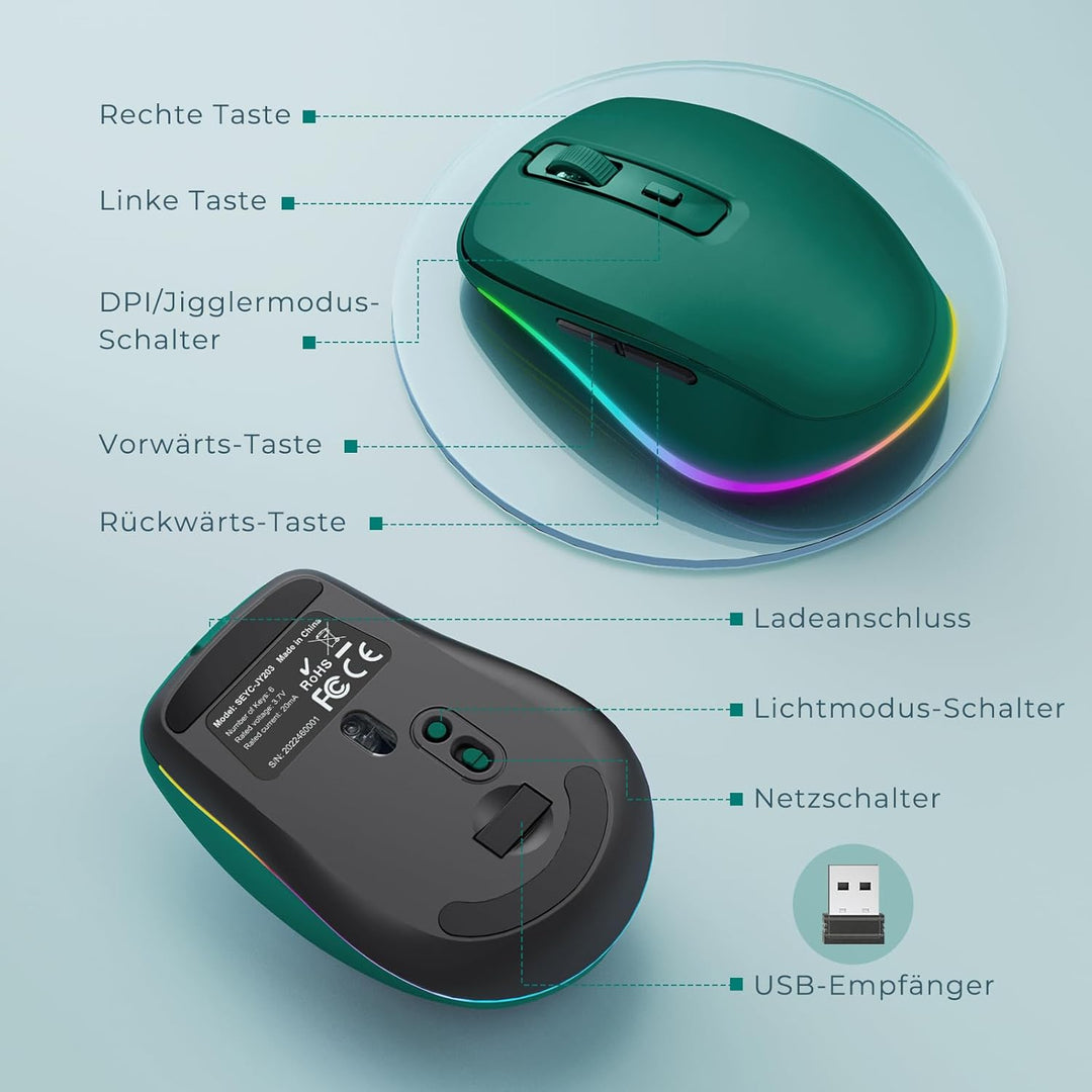 seenda Kabellose Maus mit Jiggler, Wiederaufladbare 2.4G Funkmaus mit Beleuchtung, Leise Wireless Mo
