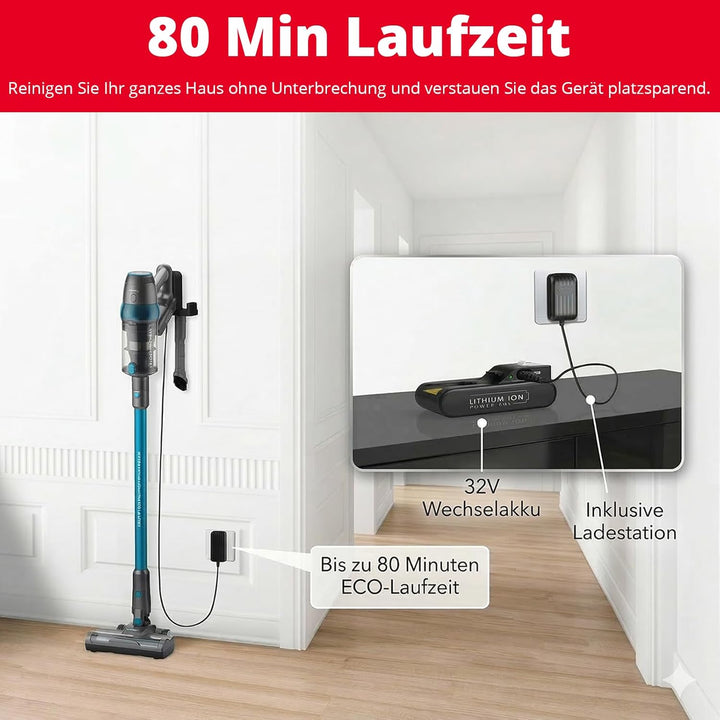 Trisa Akku Staubsauger Kabellos 600W, 200 Air Watts Saugkraft, 80 Min Laufzeit, Automatische Bodener