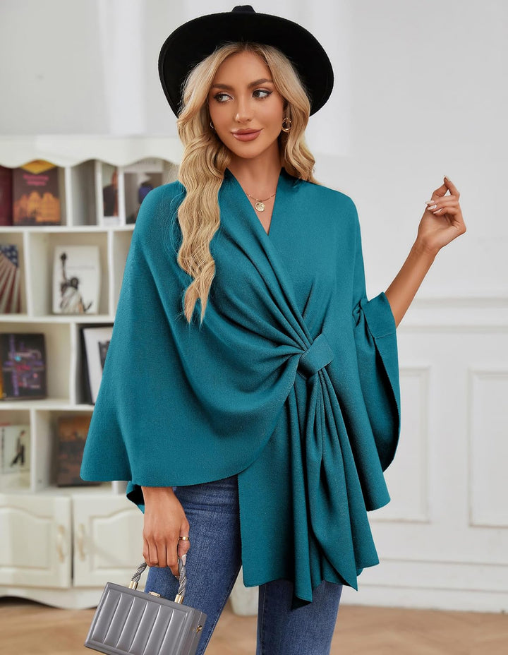 PULI Damen Elegant Poncho Strick Ponchos Capes Vorne öffnen Vielseitige Schalwickel mit Lasche Dunkl