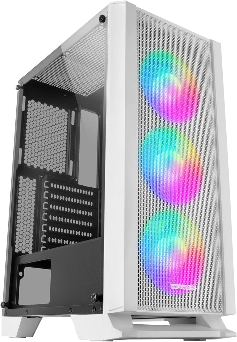 Mars Gaming MC-C Weiss, ATX PC Gehäuse, Metall-Mesh Frontplatte, Gehärtetes Glas, 3 Frontlüfter FRGB