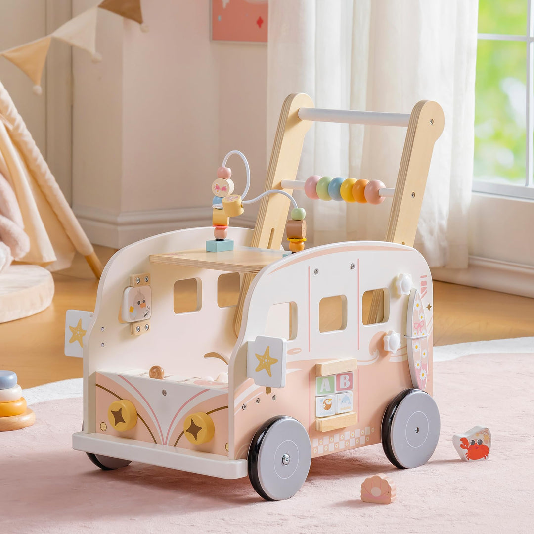 ROBOTIME Holz Baby-Lauflernwagen, Multifunktionale Aktivitäts-Lauflernhilfe mit Höhenverstellung und