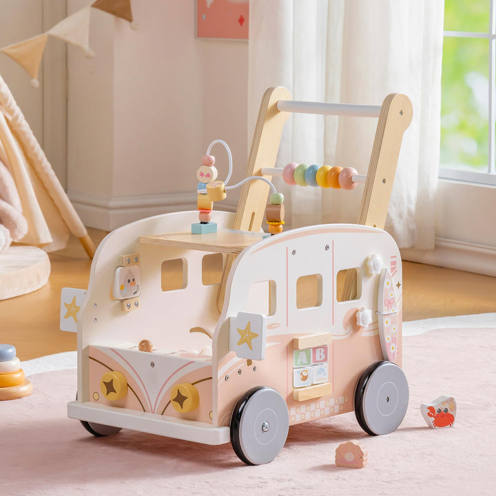 ROBOTIME Holz Baby-Lauflernwagen, Multifunktionale Aktivitäts-Lauflernhilfe mit Höhenverstellung und