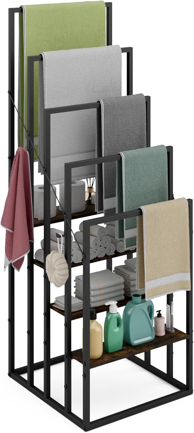 Handtuchständer, Handtuchhalter Stehend mit 5 Handtuchstangen, 4 Ablagen, 4 Haken, Freistehender Bad