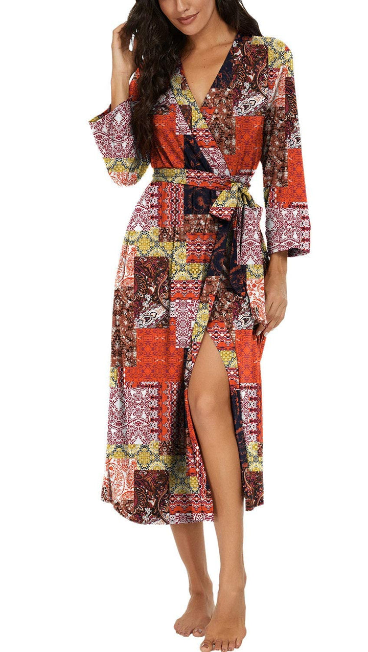 PrinStory Damen Bademantel Leichter 3/4 Ärmeln Morgenmantel V-Ausschnitt Kimono Roben Langes Nachtwä