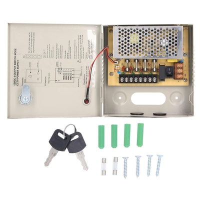 4-Kanal-12-V-Netzteilbox, CCTV-Netzteil mit Metallbox und Schloss für Überwachungskameras, DVRs, IP-
