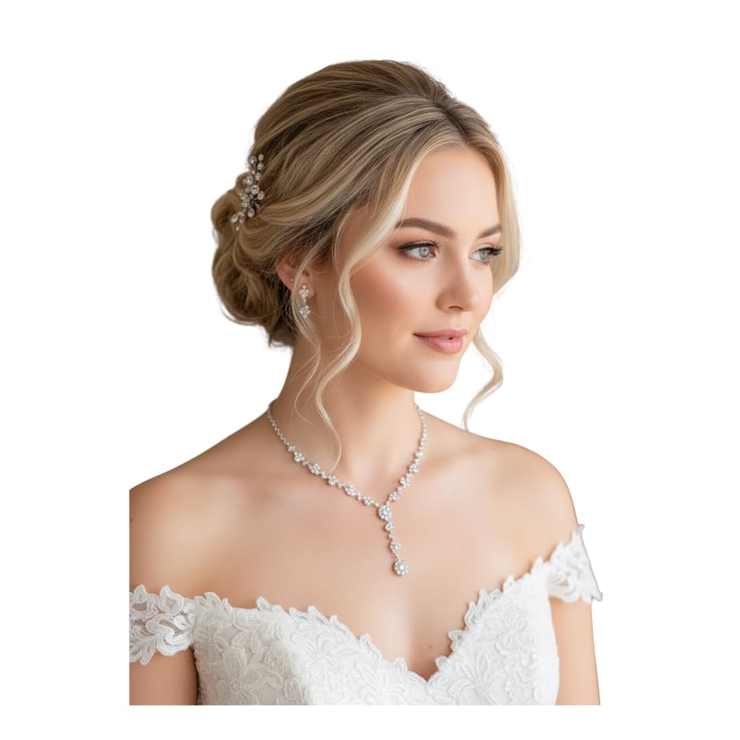 ONDEGO® 3er Set Y SILBER Strass Schmuck Kette Schmuckset Armband Hochzeit Collier Halskette Brautsch