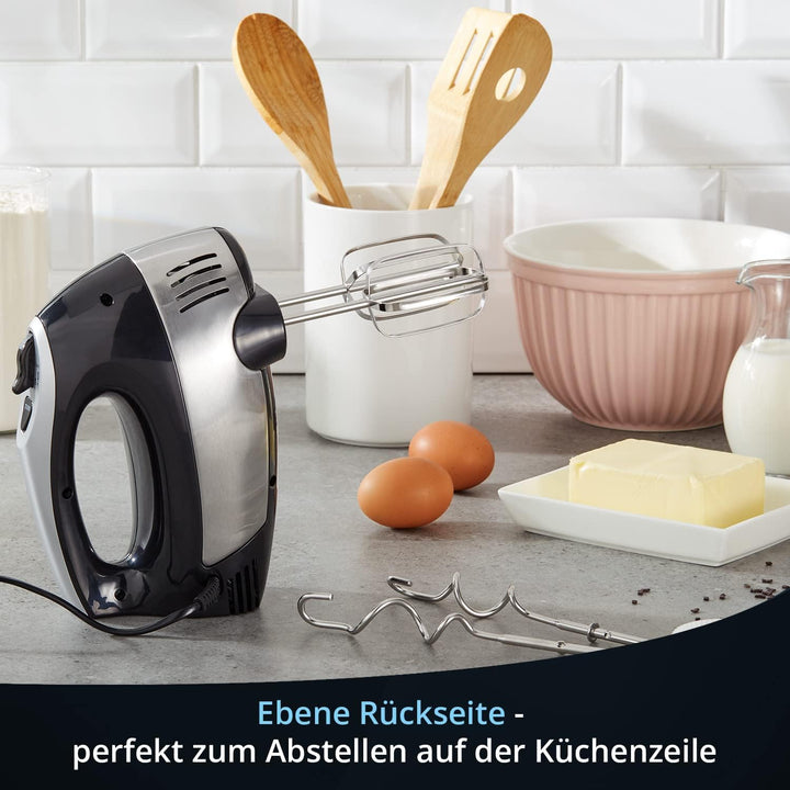 KHG Elektrischer Handmixer HM-305 SE Edelstahl 300 Watt | Handrührer mit 5 Geschwindigkeiten und Tur