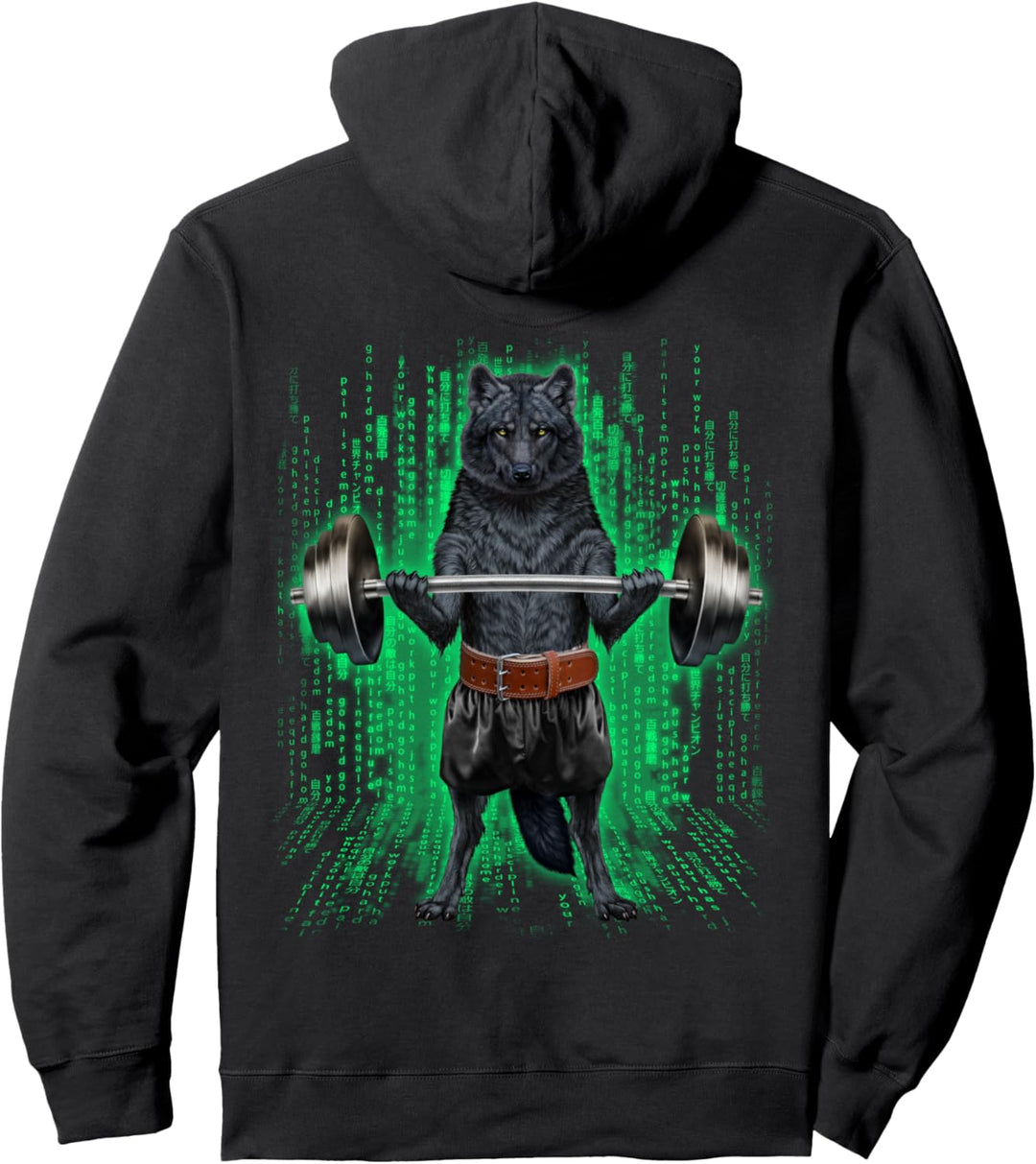 Wolf, der Gewichte im Cyber-Fitnessstudio hebt Pullover Hoodie