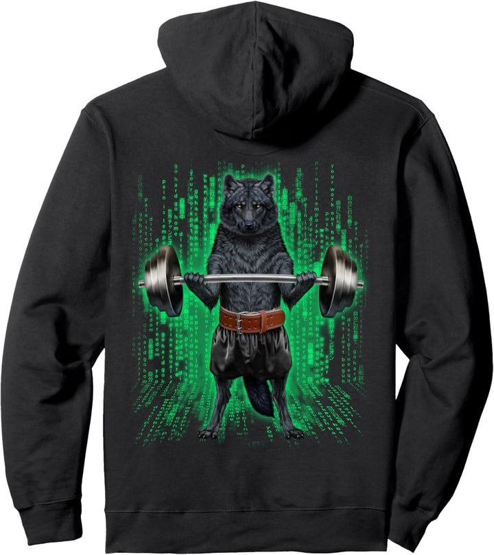 Wolf, der Gewichte im Cyber-Fitnessstudio hebt Pullover Hoodie