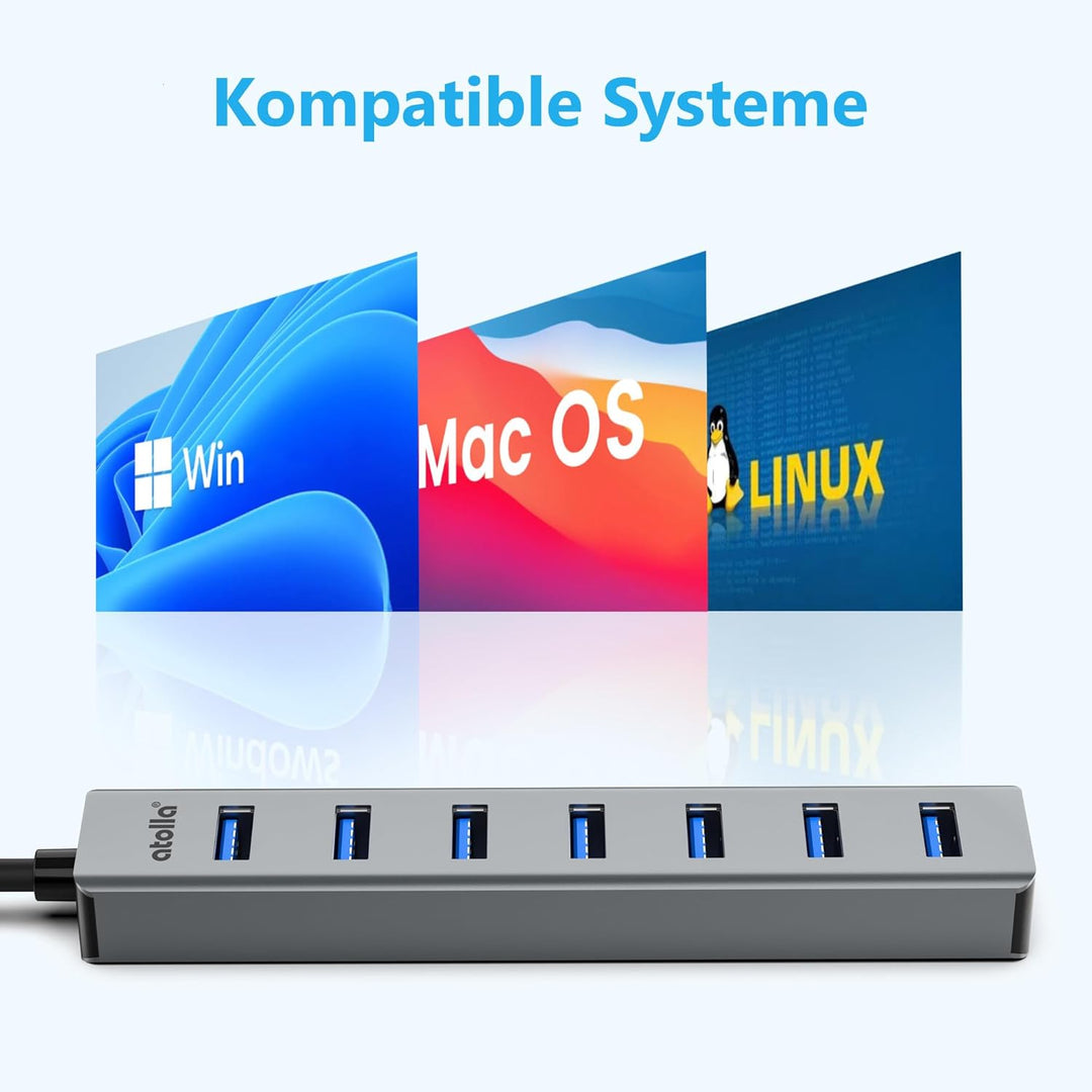 USB Hub 3.0 7-Port mit 100cm Kabel, USB Verteiler Aluminium Hub mit Mehrfach USB3.0 5Gbps Data und 5