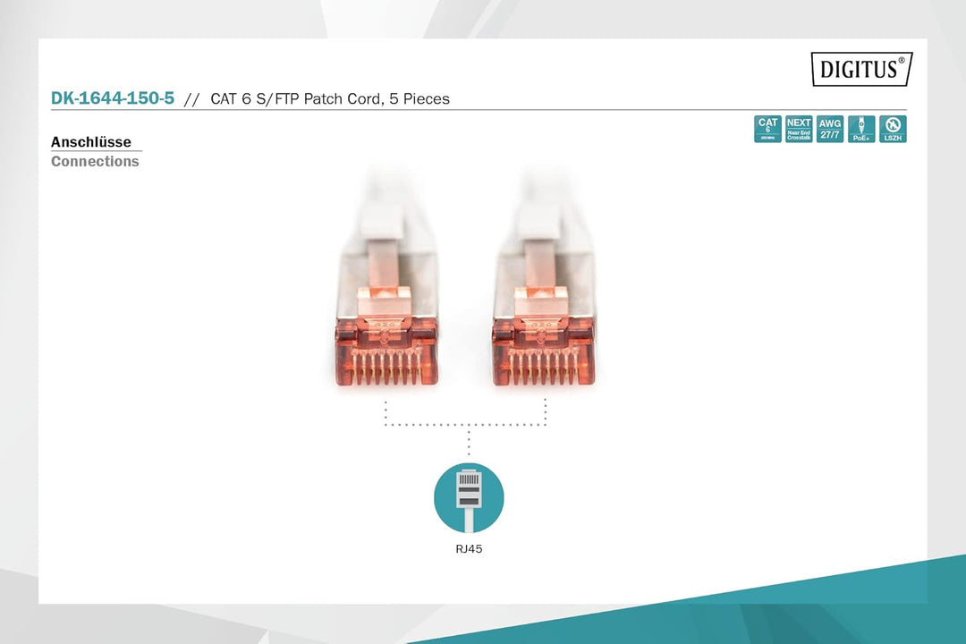 DIGITUS LAN Kabel Cat 6 - 15m - 5 Stück - RJ45 Netzwerkkabel - S/FTP Geschirmt - Kompatibel zu Cat 6