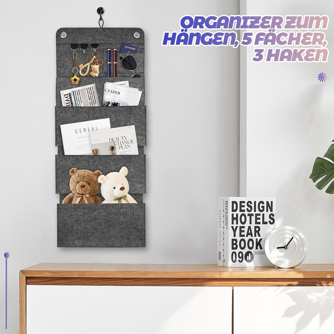 Hängeorganizer 2er Set - 80 * 32CM Wandorganizer Hängend Filz Faltbare, 5 Fächer, 3 Haken Grosse Kap