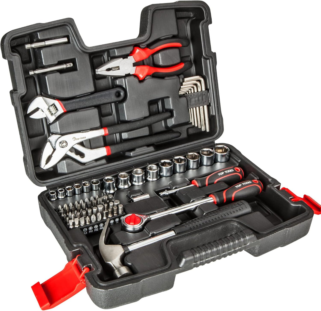 TOP TOOLS Werkzeugkoffer 81-teilig 1/4 & 1/2 Zoll – Steckschlüsselsatz mit Knarre, Zangen, Hammer &