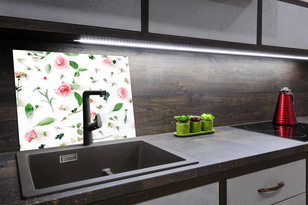 SmartDecoration Herdabdeckplatte Ceranfeldabdeckung aus Glas 60x52 cm Einteilig Motiv "Blumen" Weiss