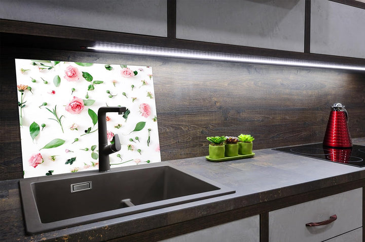SmartDecoration Herdabdeckplatte Ceranfeldabdeckung aus Glas 60x52 cm Einteilig Motiv "Blumen" Weiss
