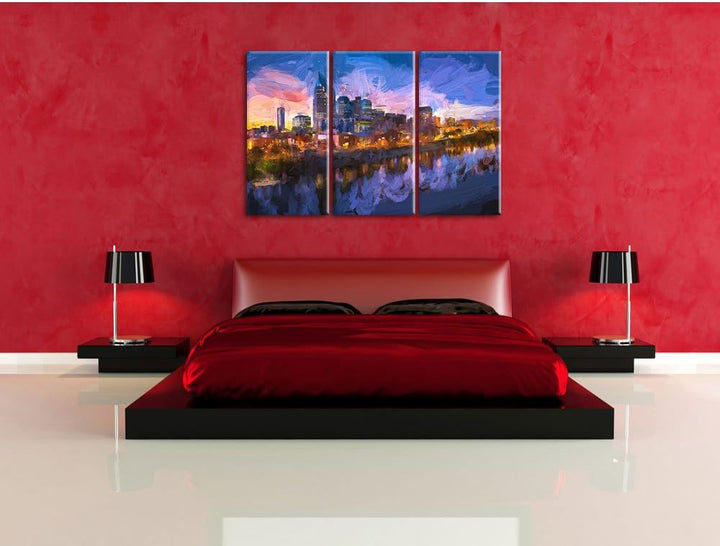 Pixxprint Nashville Skyline Panorama Kunst Pinsel Effekt 3-Teiler Leinwandbild 120x80 Bild auf Leinw