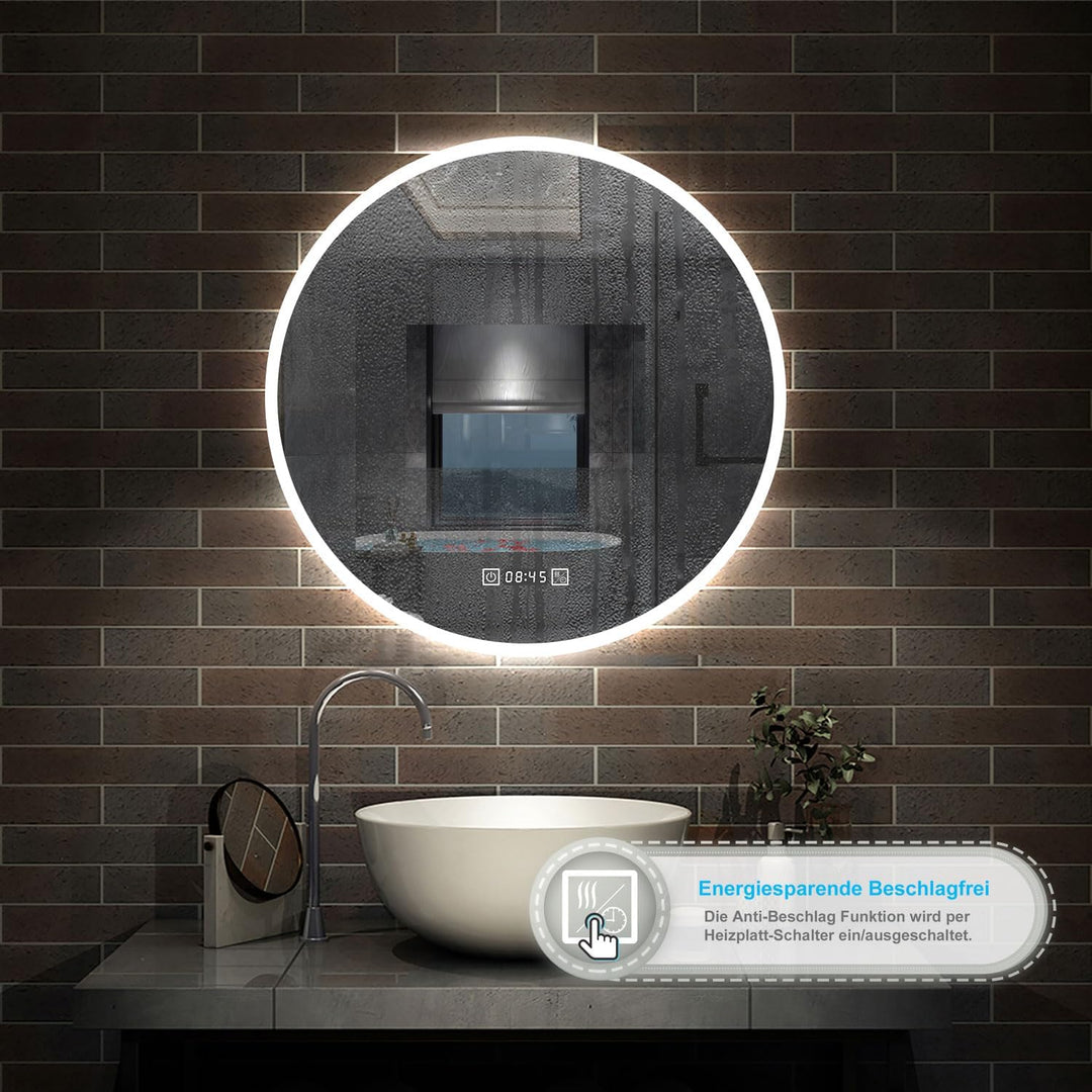 Aica Sanitär Badezimmerspiegel Rund 60cm mit Uhr 3 Lichfarbe dimmbar Memory Wand/Touchschalter Anti-