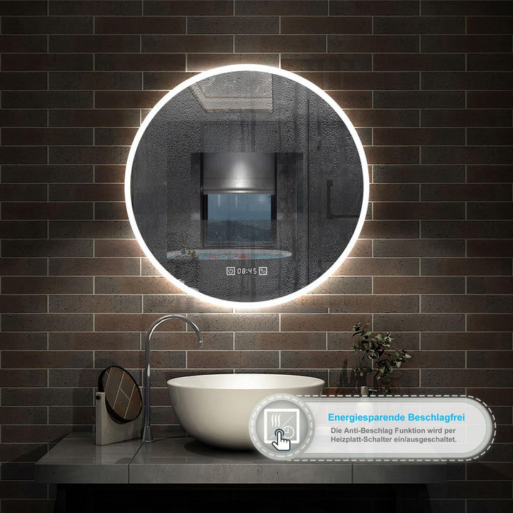 Aica Sanitär Badezimmerspiegel Rund 60cm mit Uhr 3 Lichfarbe dimmbar Memory Wand/Touchschalter Anti-